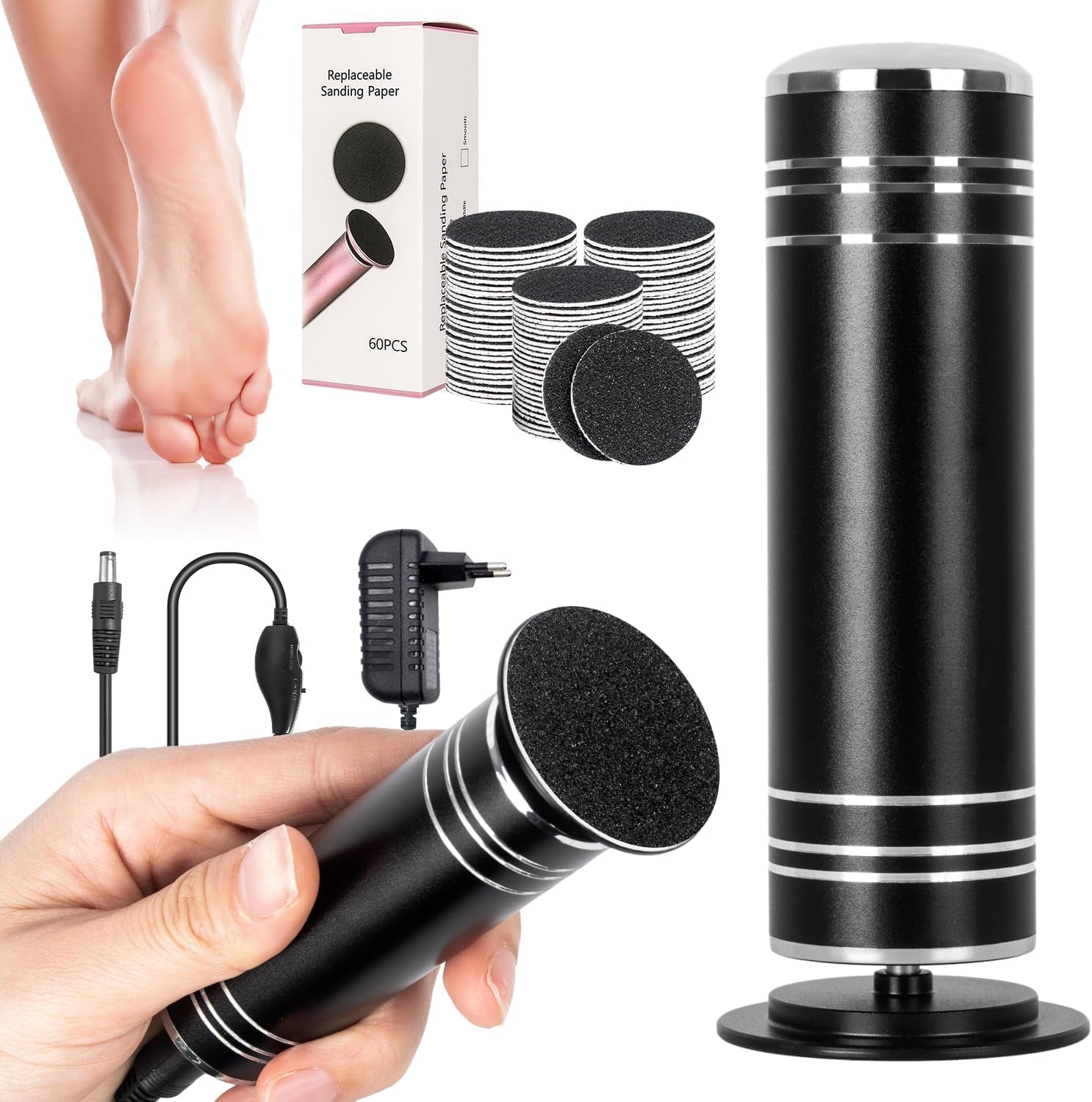 Electric Foot Scrubber Dead Skin - Professional Electric Foot Callus Remover Adjustable Speed Plug-In Foot File with 60PCS Replacement Sandpaper Disk