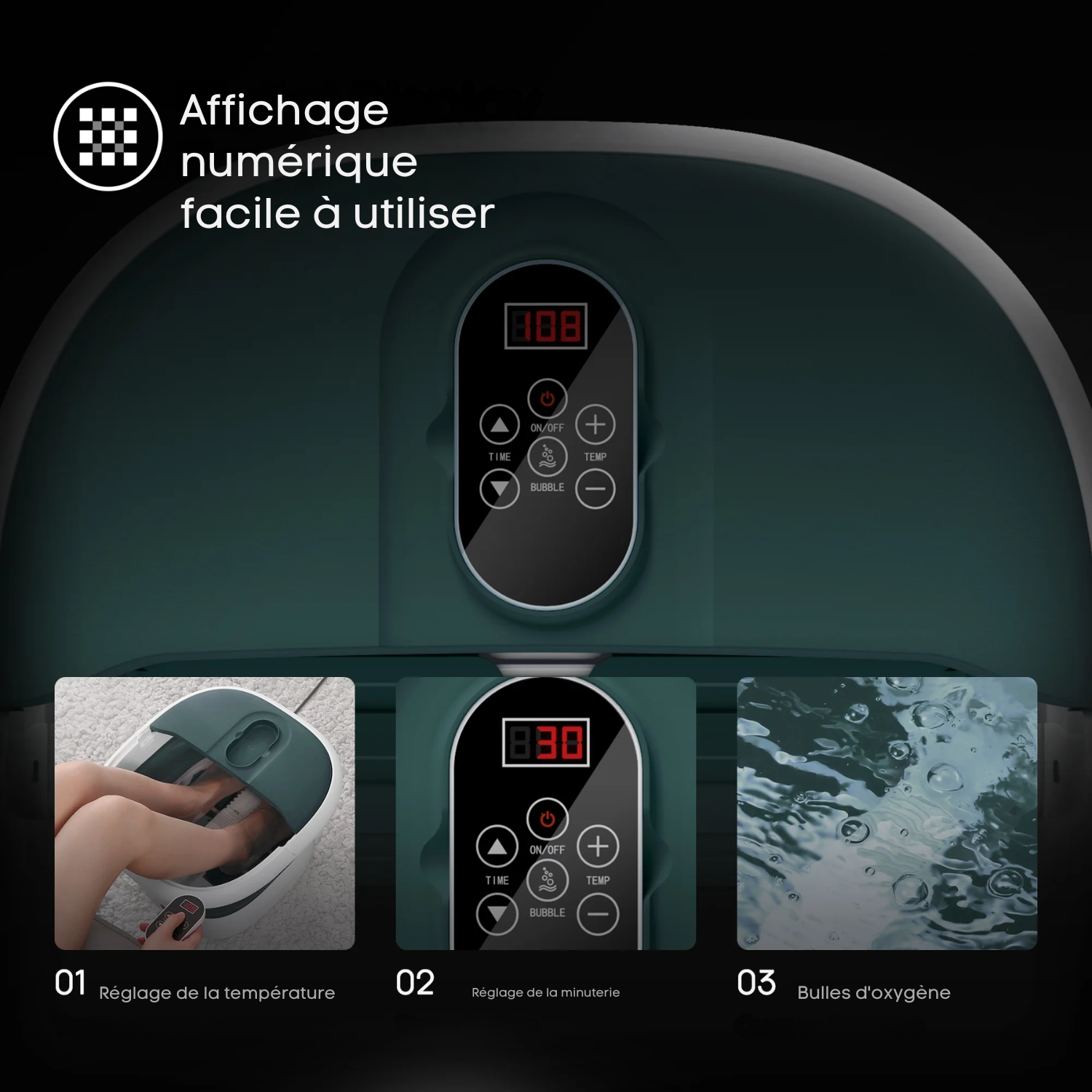 Bain de Pieds Massant Chauffant – Pliable avec Télécommande & Écran Digital – 6 Rouleaux de Massage – Vert