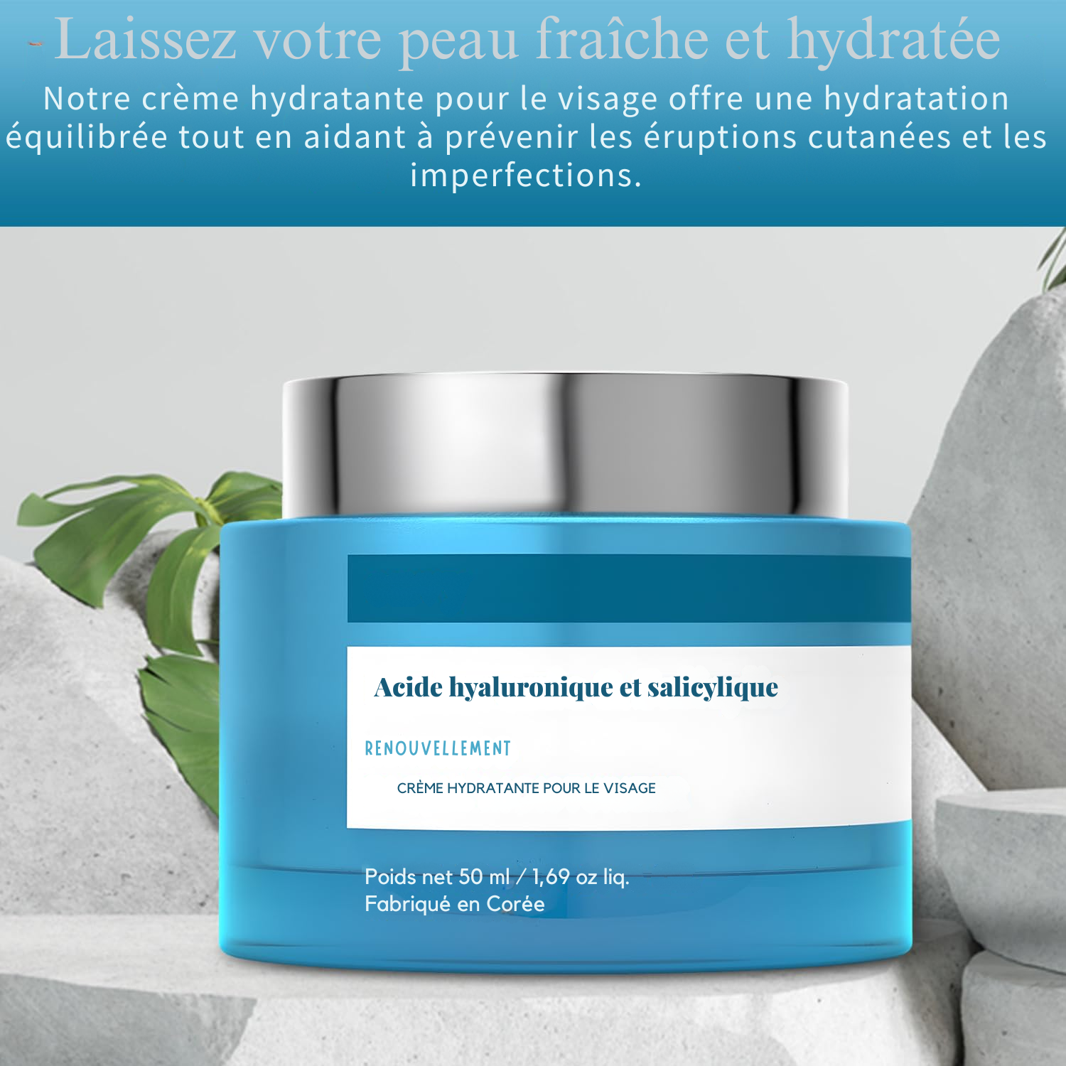 Crème Hydratante Visage à l'Acide Hyaluronique et Salicylique – Hydratation, Réduction des Cicatrices d’Acné et Anti-Âge – Crème de Jour Testée Dermatologiquement – Beauté Clean pour Tous Types de Peaux – 50 ml
