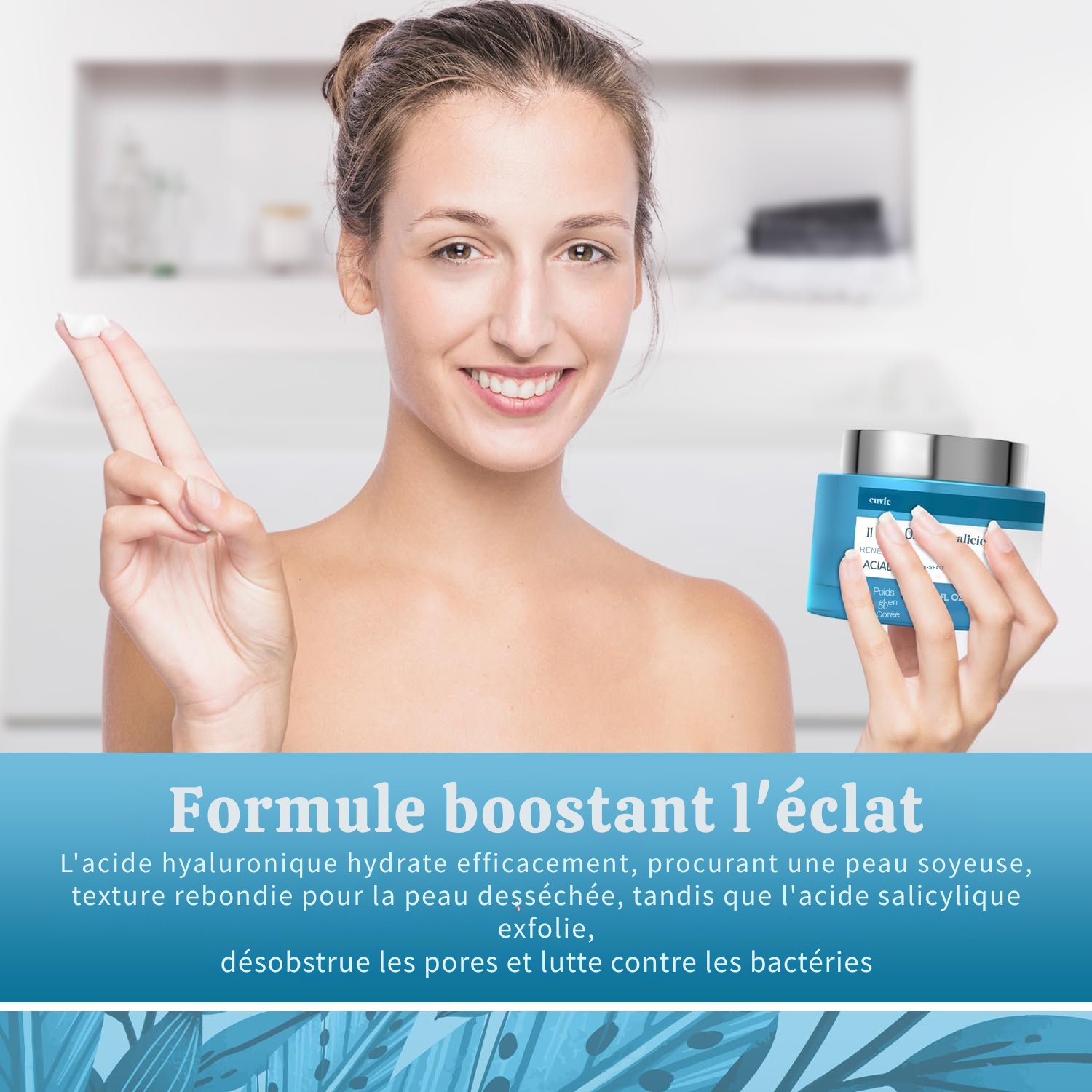 Crème Hydratante Visage à l'Acide Hyaluronique et Salicylique – Hydratation, Réduction des Cicatrices d’Acné et Anti-Âge – Crème de Jour Testée Dermatologiquement – Beauté Clean pour Tous Types de Peaux – 50 ml