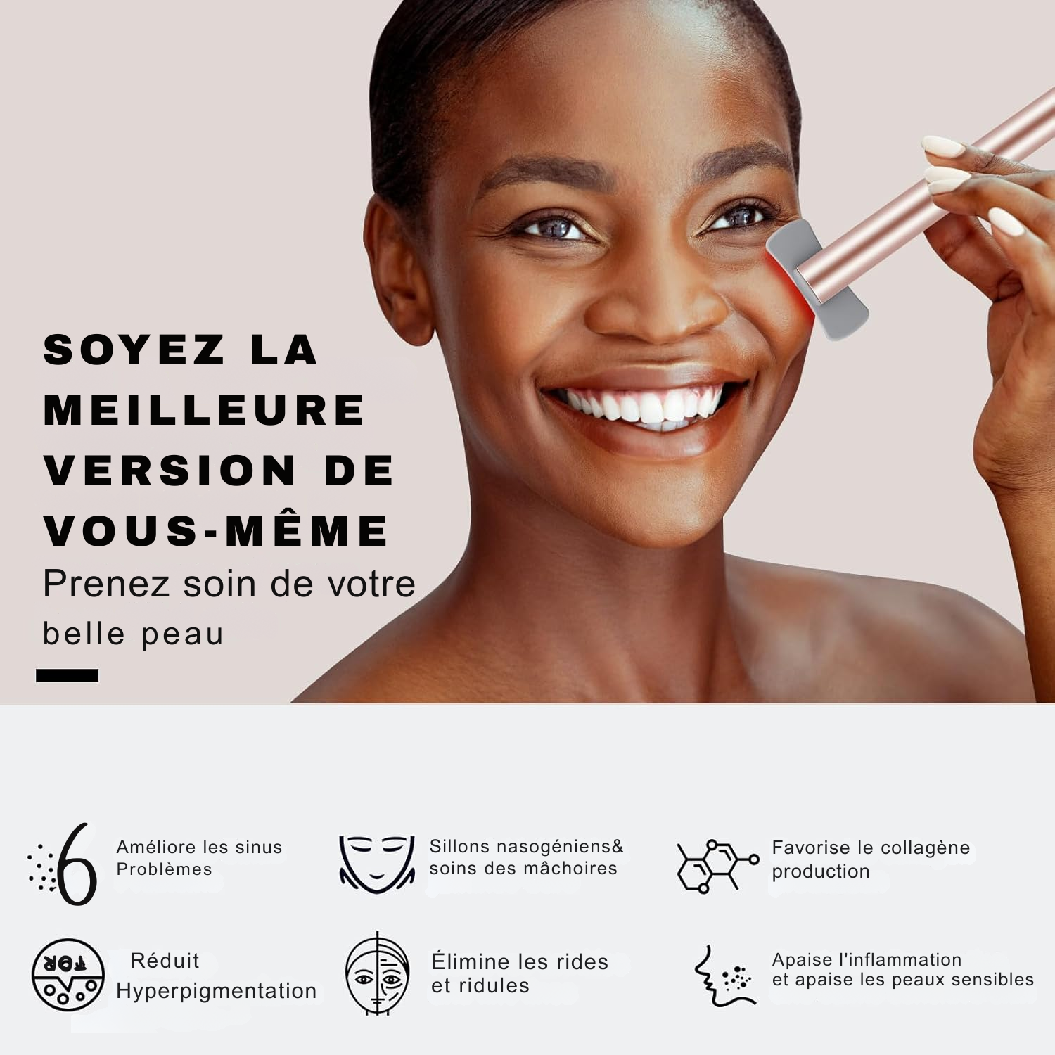 Appareil de Thérapie LED 6 en 1 pour le Visage et les Yeux – Soin Anti-Âge à Lumière Rouge et Massage Raffermissant