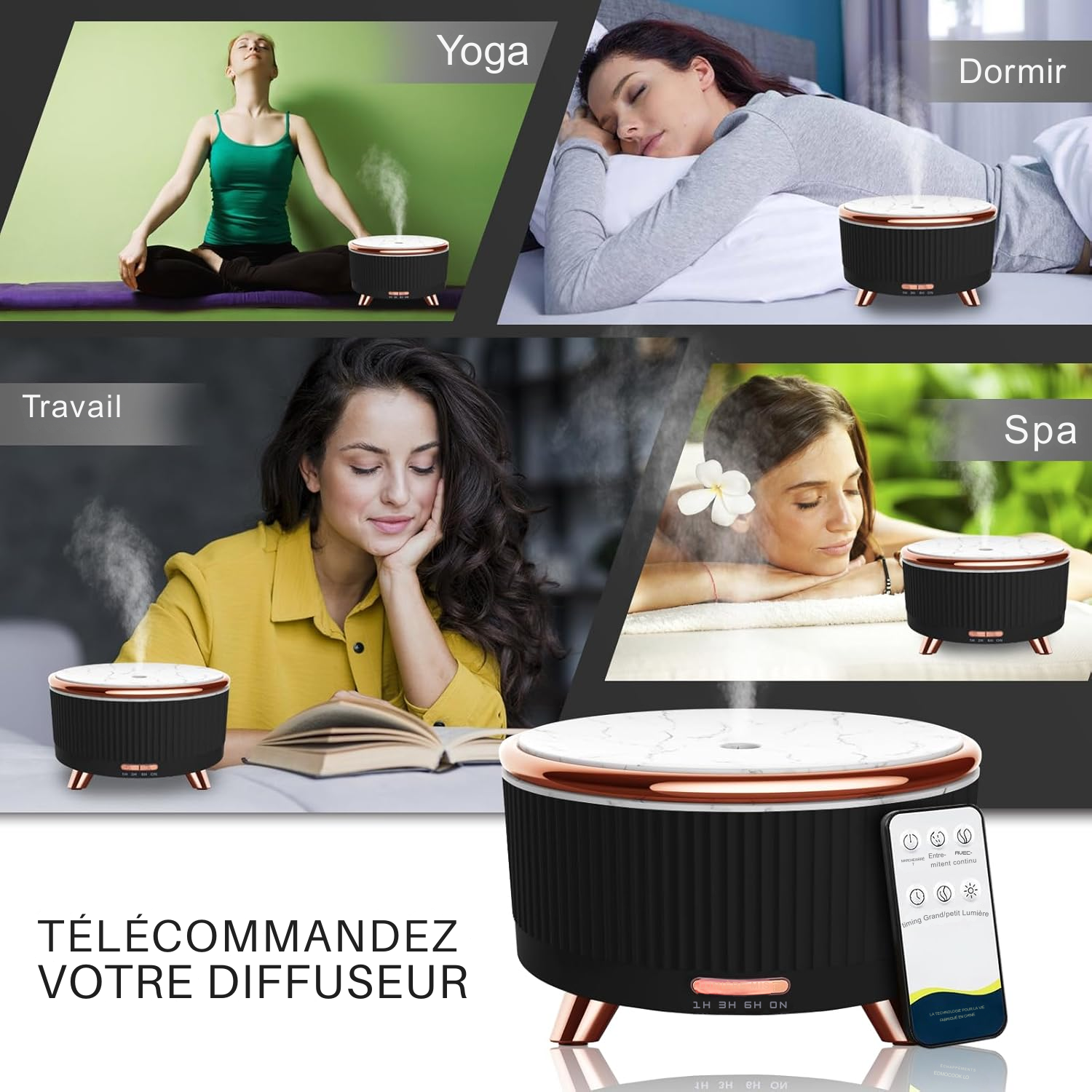 Diffuseur d’Huiles Essentielles 500 ml – Grande Capacité & Télécommande | Humidificateur Ultrasonique avec Lumières LED & Arrêt Automatique – Noir