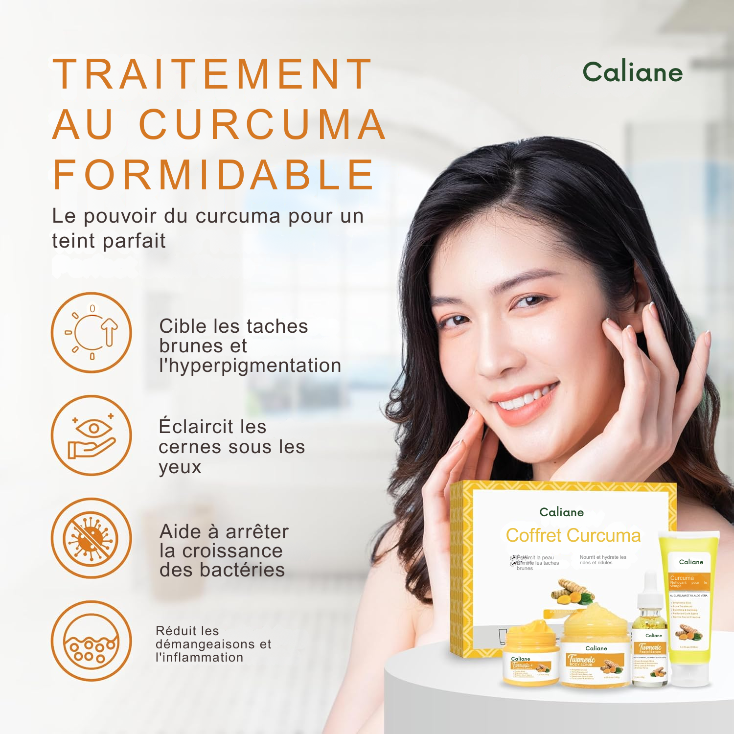 Coffret Soin Visage & Corps au Curcuma – Éclat & Anti-Imperfections Kit Complet de Soins Naturels au Curcuma : Nettoyant, Gommage Corporel, Crème Visage & Sérum Éclat