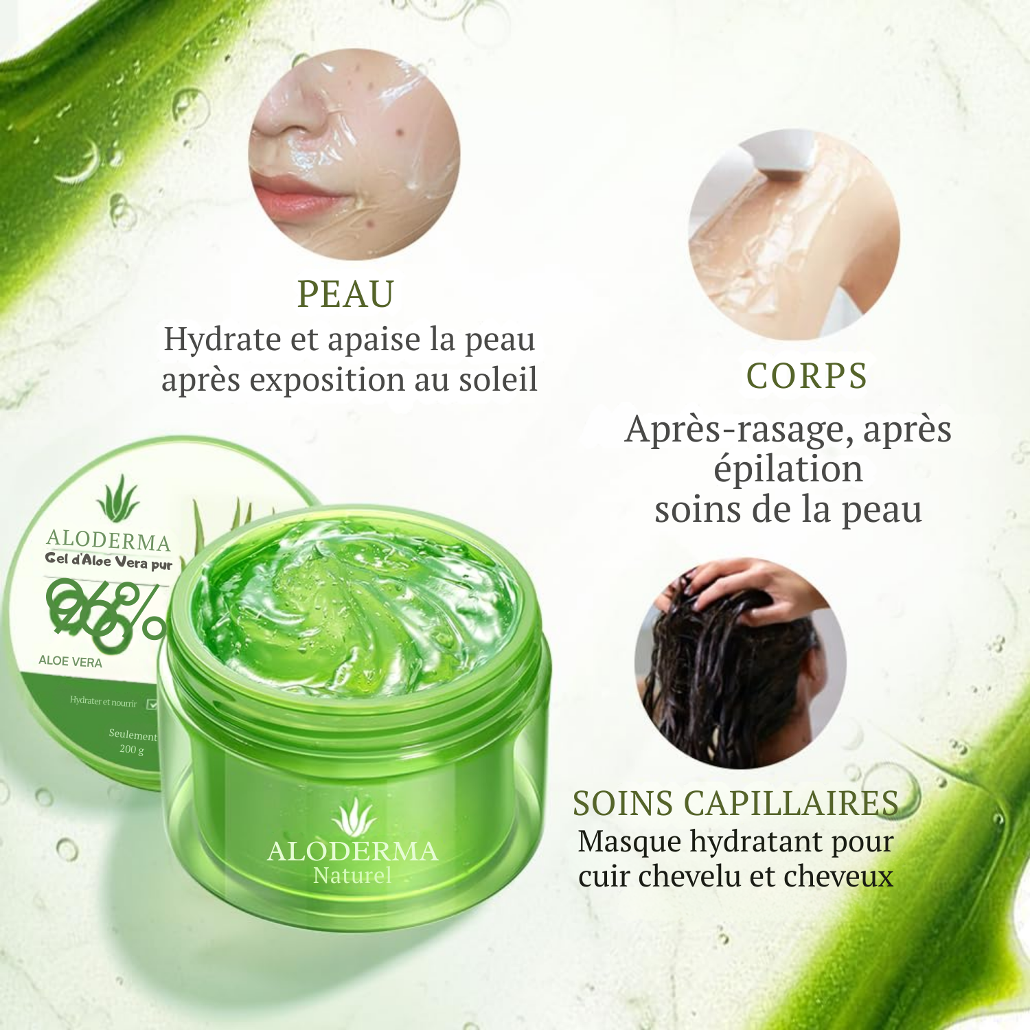 Gel d’Aloe Vera Bio pour Visage & Corps – 96 % Pur, Hydratant Apaisant – 200 ml