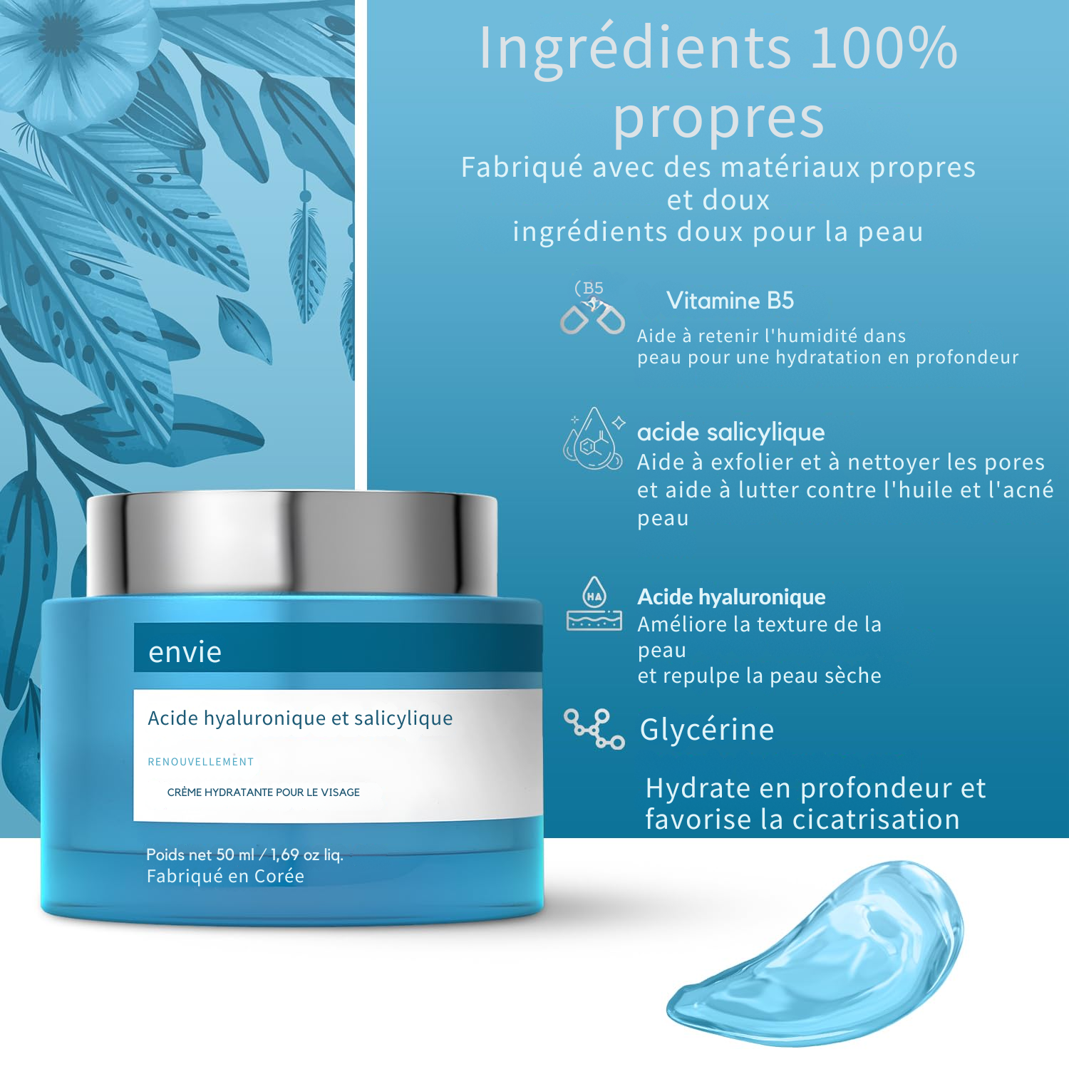 Crème Hydratante Visage à l'Acide Hyaluronique et Salicylique – Hydratation, Réduction des Cicatrices d’Acné et Anti-Âge – Crème de Jour Testée Dermatologiquement – Beauté Clean pour Tous Types de Peaux – 50 ml