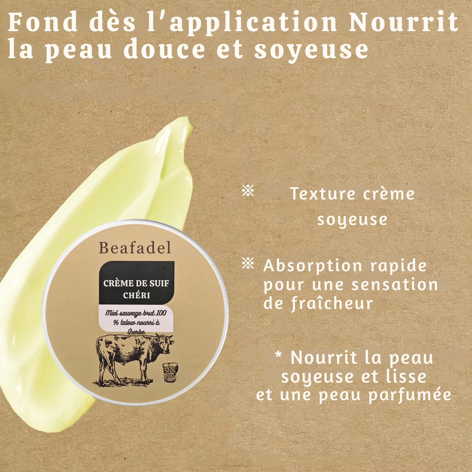Crème Hydratante Visage au Suif de Bœuf & Miel – 100 g Baume Fouetté Naturel pour le Visage & le Corps – Suif de Bœuf Nourri à l’Herbe