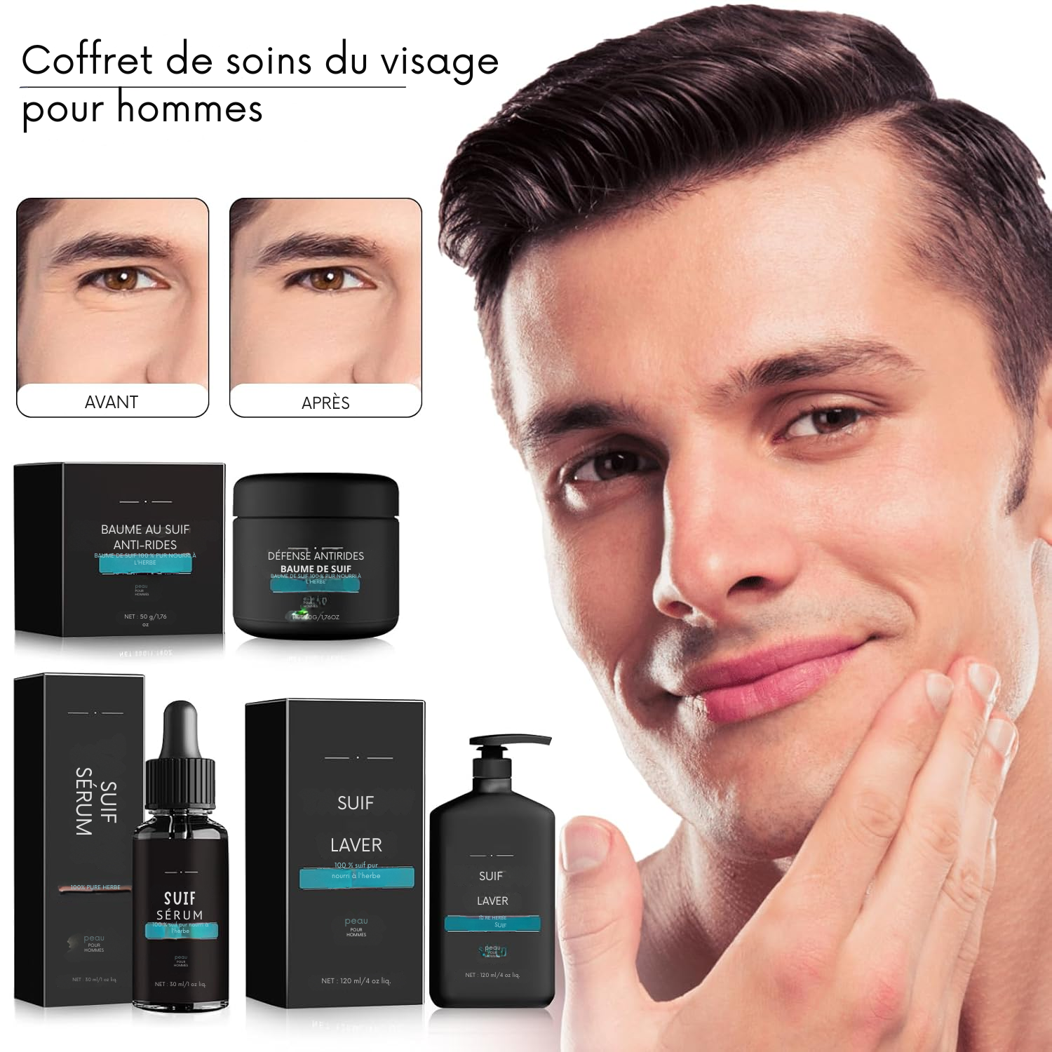 Baume au Suif Anti-Rides, Kit de Soin 3-en-1 pour Homme – Sérum au Suif & Nettoyant Visage, Coffret de Soin du Visage pour Homme, Hydratant au Suif pour le Visage, Baume 100 % Naturel au Suif de Bœuf, Réduit les Rides et Ridules.