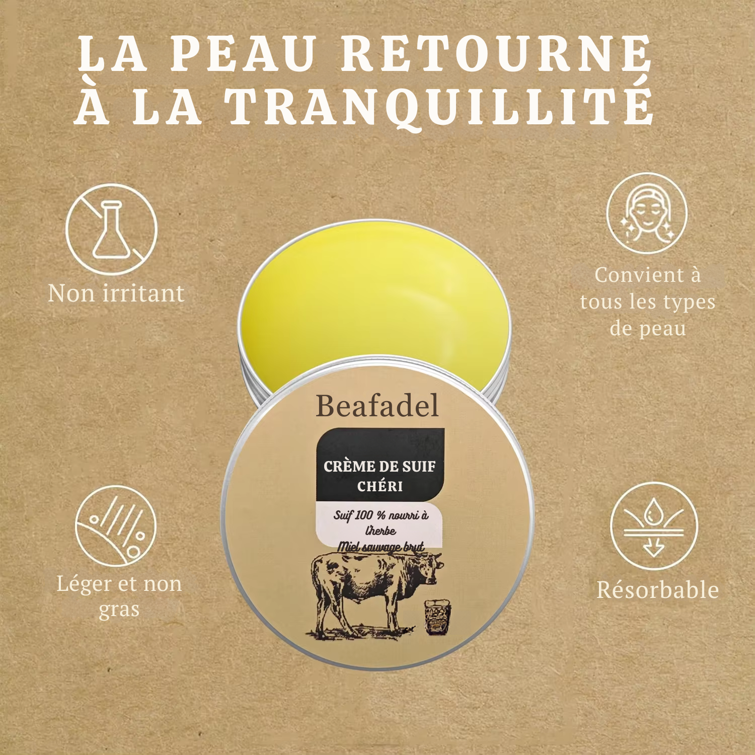 Crème Hydratante Visage au Suif de Bœuf & Miel – 100 g Baume Fouetté Naturel pour le Visage & le Corps – Suif de Bœuf Nourri à l’Herbe