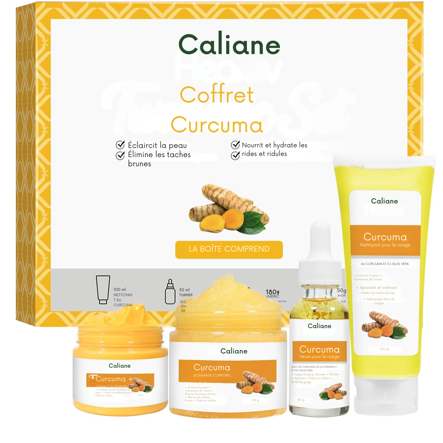 Coffret Soin Visage & Corps au Curcuma – Éclat & Anti-Imperfections Kit Complet de Soins Naturels au Curcuma : Nettoyant, Gommage Corporel, Crème Visage & Sérum Éclat
