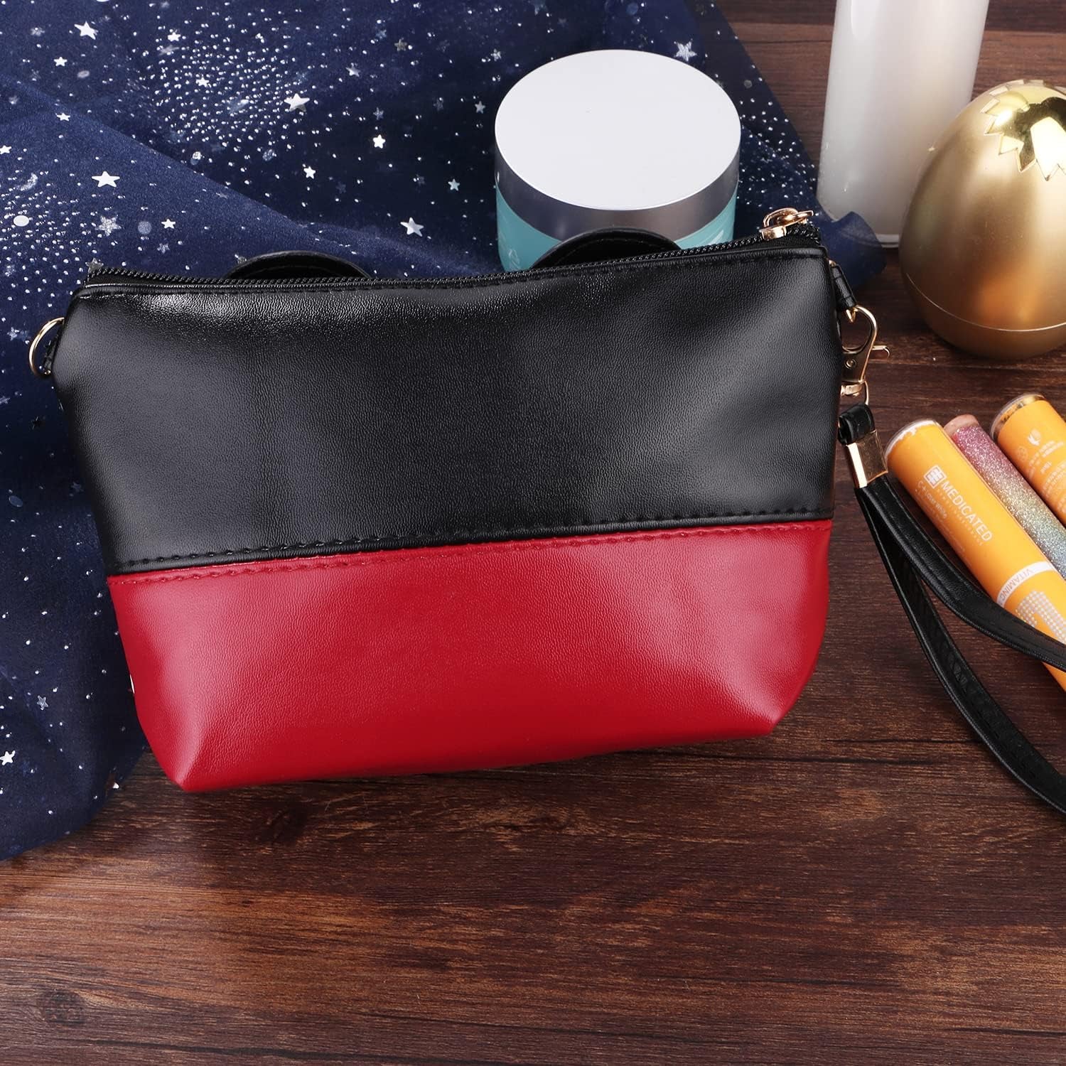 2 Pack Cartoon Leather Travel Makeup Handbag, Cute Portable Cosmetic Bag Toiletry Pouch for Women Teen Girls Kids(Pink&Black)