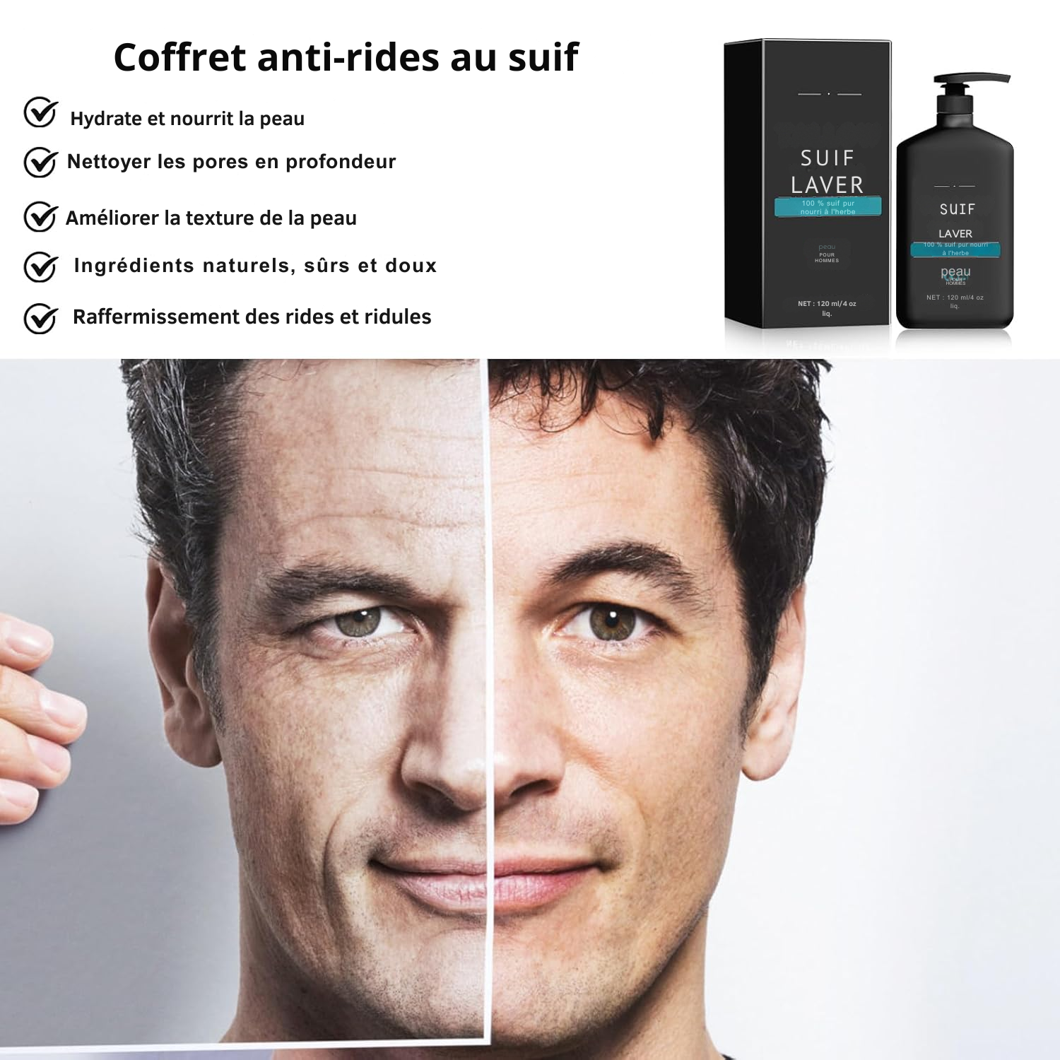 Baume au Suif Anti-Rides, Kit de Soin 3-en-1 pour Homme – Sérum au Suif & Nettoyant Visage, Coffret de Soin du Visage pour Homme, Hydratant au Suif pour le Visage, Baume 100 % Naturel au Suif de Bœuf, Réduit les Rides et Ridules.