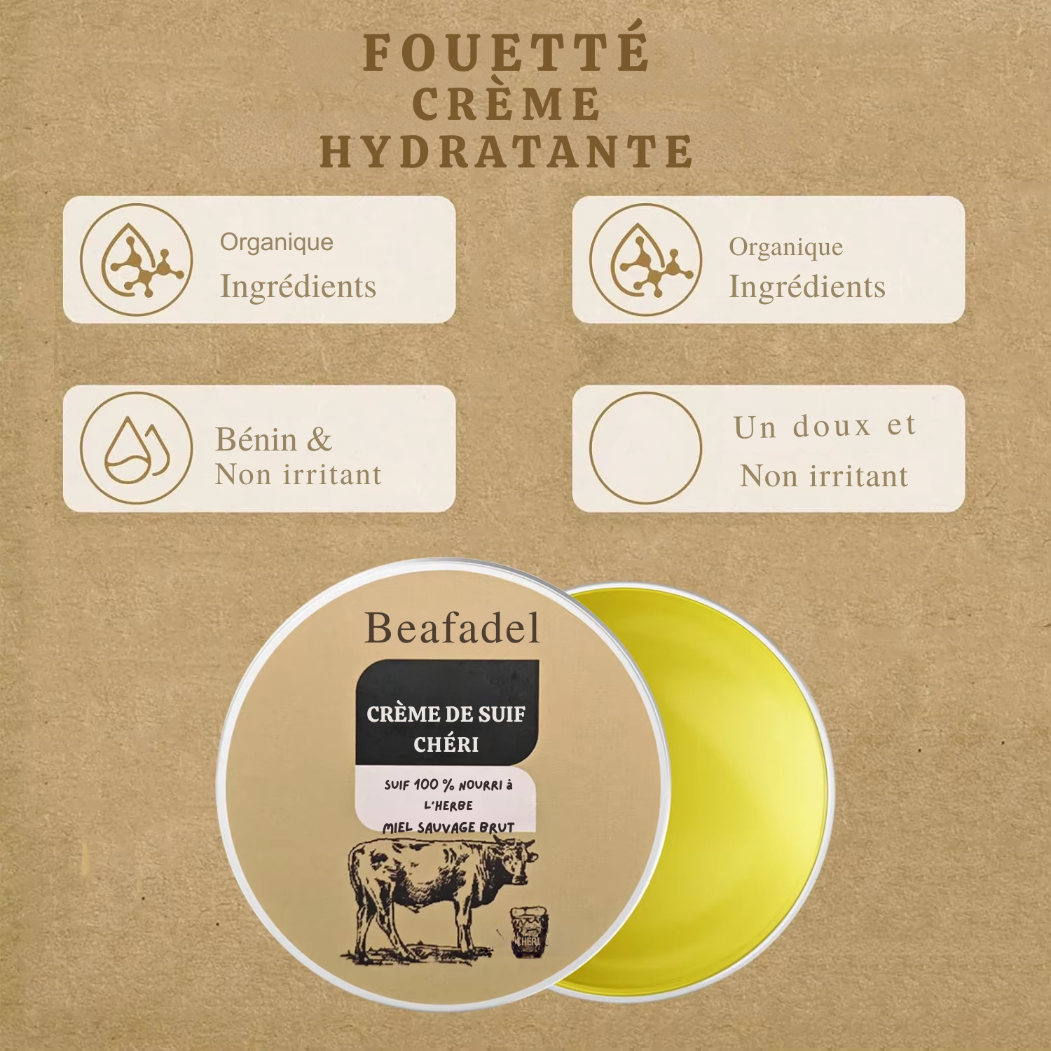 Crème Hydratante Visage au Suif de Bœuf & Miel – 100 g Baume Fouetté Naturel pour le Visage & le Corps – Suif de Bœuf Nourri à l’Herbe