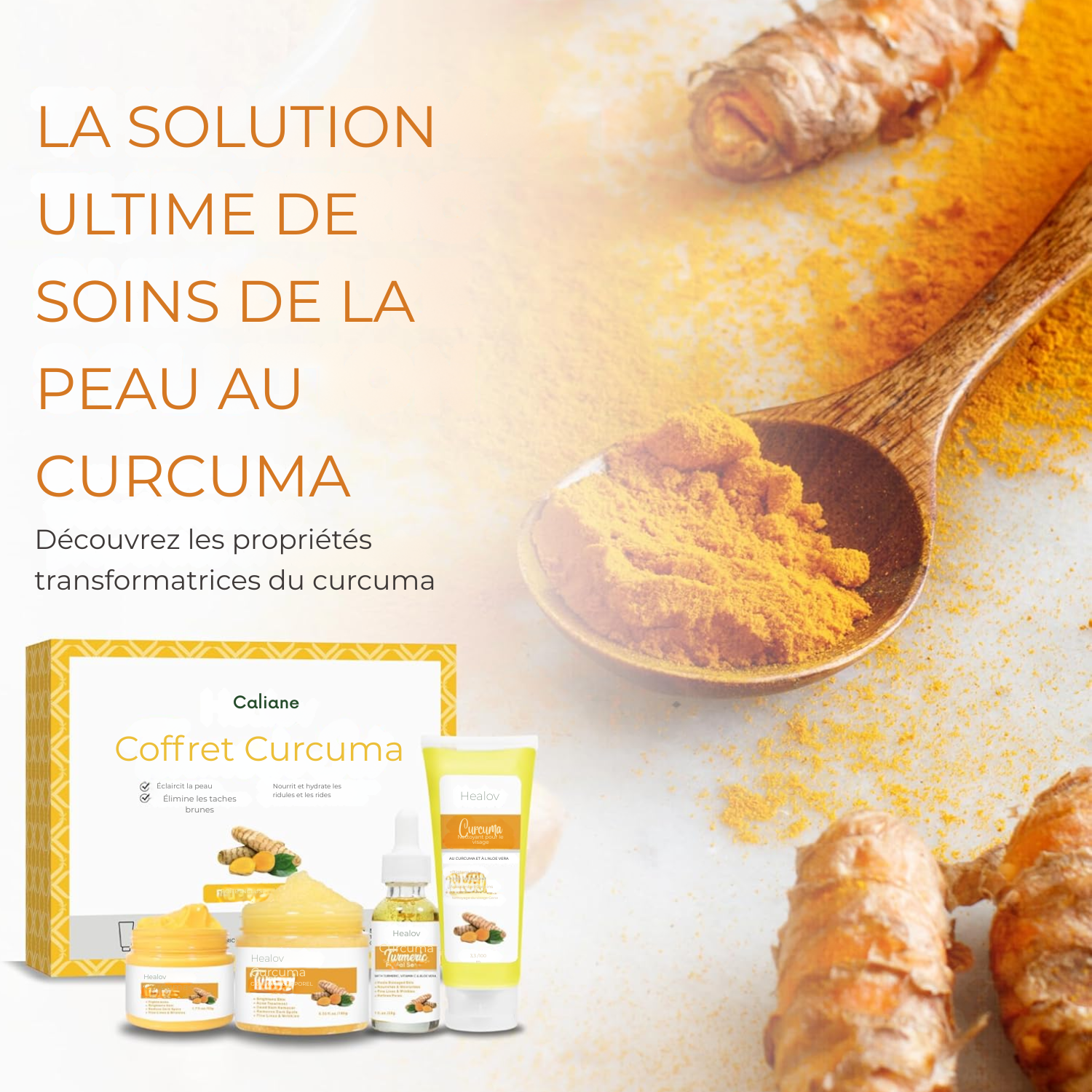 Coffret Soin Visage & Corps au Curcuma – Éclat & Anti-Imperfections Kit Complet de Soins Naturels au Curcuma : Nettoyant, Gommage Corporel, Crème Visage & Sérum Éclat