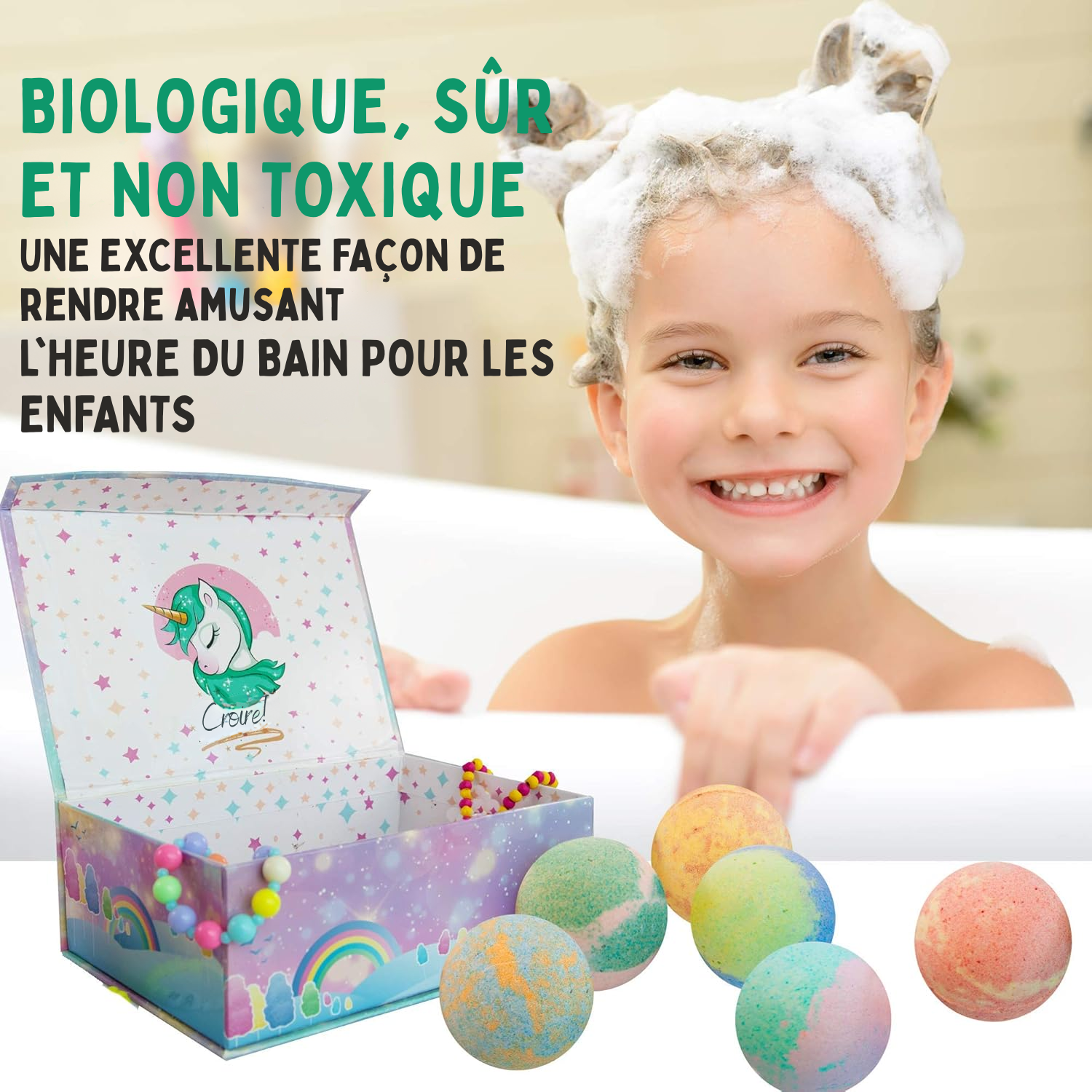Bombes de Bain Licorne pour Filles avec Bijoux et Coffret à Bijoux 🎁 Bombes de Bain Naturelles et Hydratantes avec Jouet Surprise – Cadeau d’Anniversaire Idéal pour Enfant
