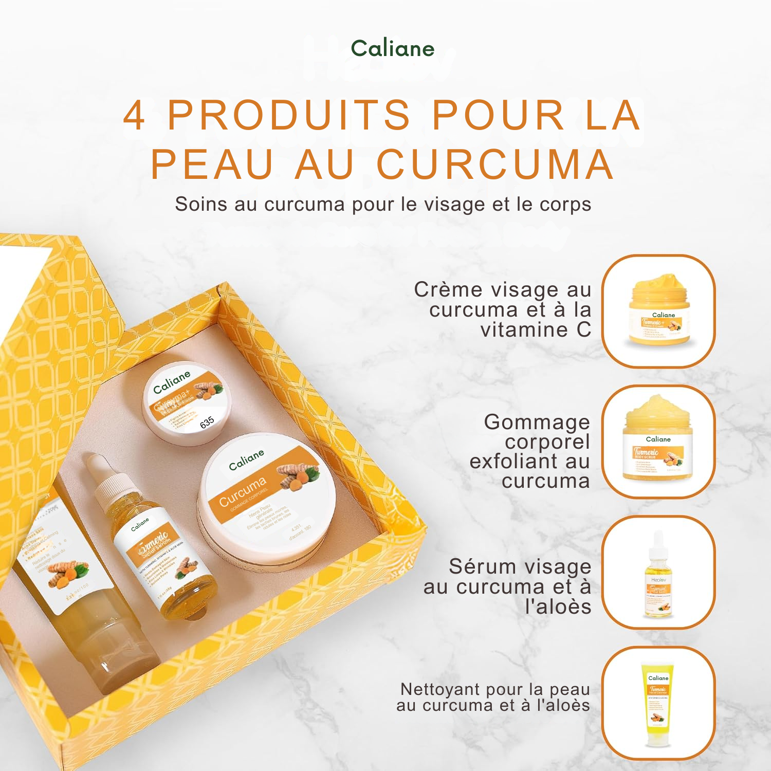 Coffret Soin Visage & Corps au Curcuma – Éclat & Anti-Imperfections Kit Complet de Soins Naturels au Curcuma : Nettoyant, Gommage Corporel, Crème Visage & Sérum Éclat