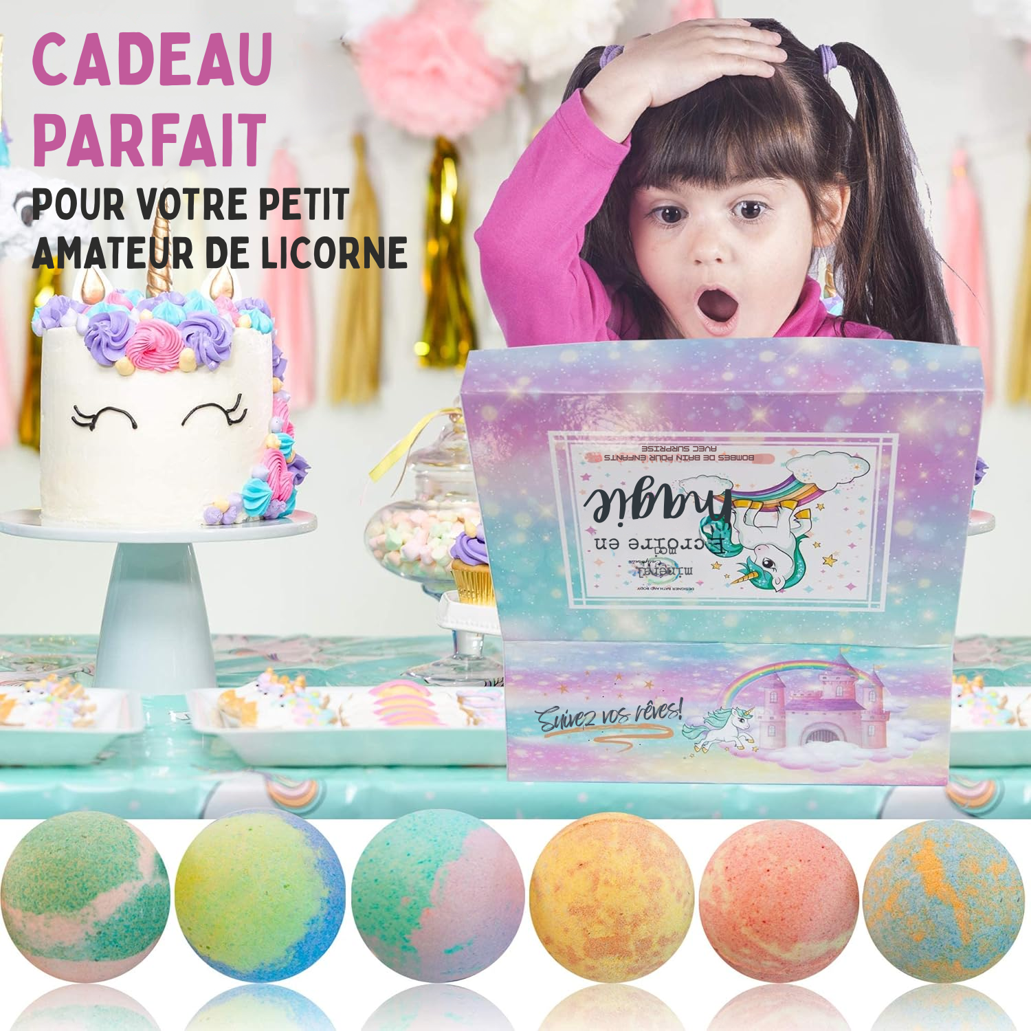 Bombes de Bain Licorne pour Filles avec Bijoux et Coffret à Bijoux 🎁 Bombes de Bain Naturelles et Hydratantes avec Jouet Surprise – Cadeau d’Anniversaire Idéal pour Enfant