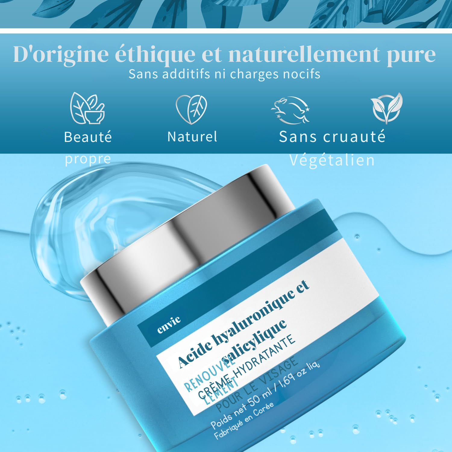 Crème Hydratante Visage à l'Acide Hyaluronique et Salicylique – Hydratation, Réduction des Cicatrices d’Acné et Anti-Âge – Crème de Jour Testée Dermatologiquement – Beauté Clean pour Tous Types de Peaux – 50 ml