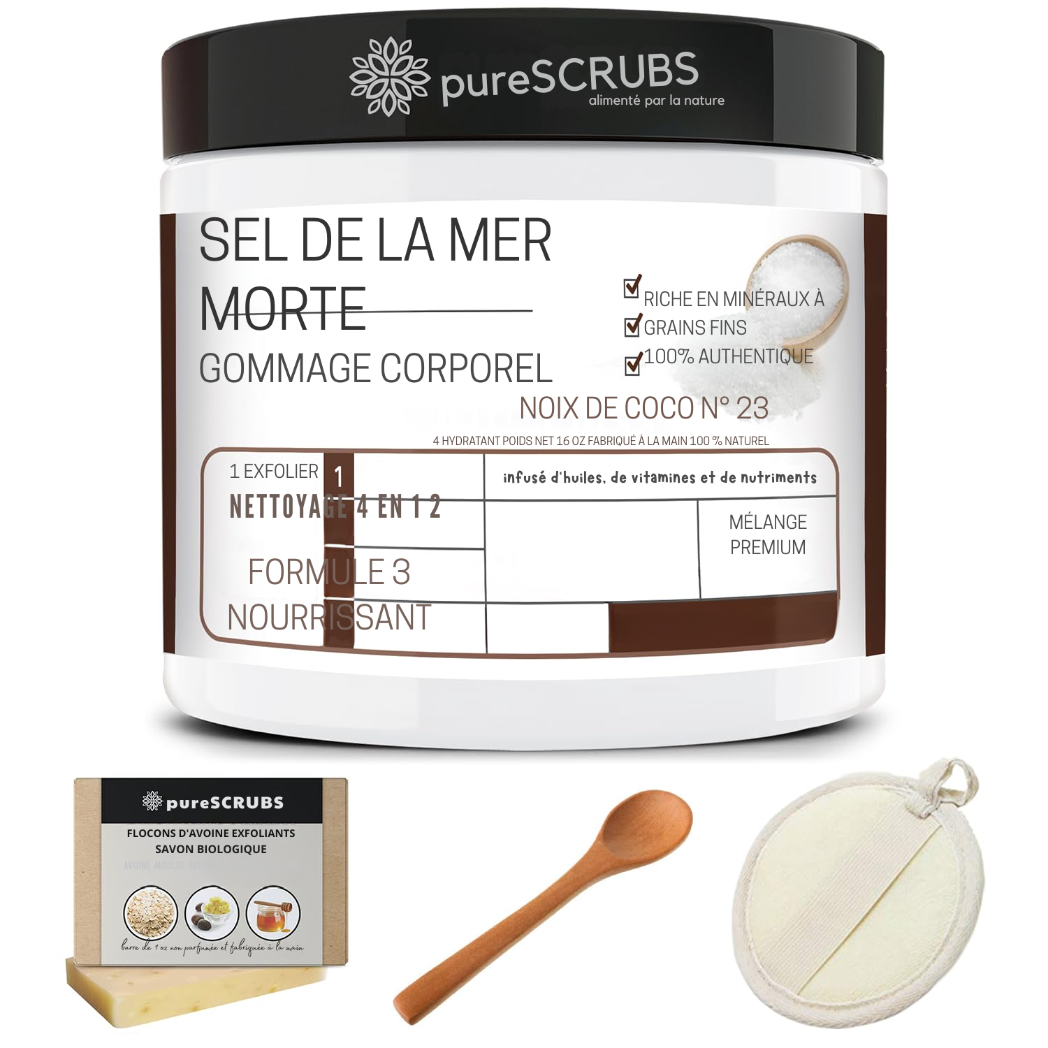 Coffret Gommage Corporel au Coco Premium – Grand Format 454g au Sel de la Mer Morte, Enrichi en Huiles Essentielles et Nutriments – Inclus : Cuillère en Bois, Gant Loofah et Savon Exfoliant à l’Avoine