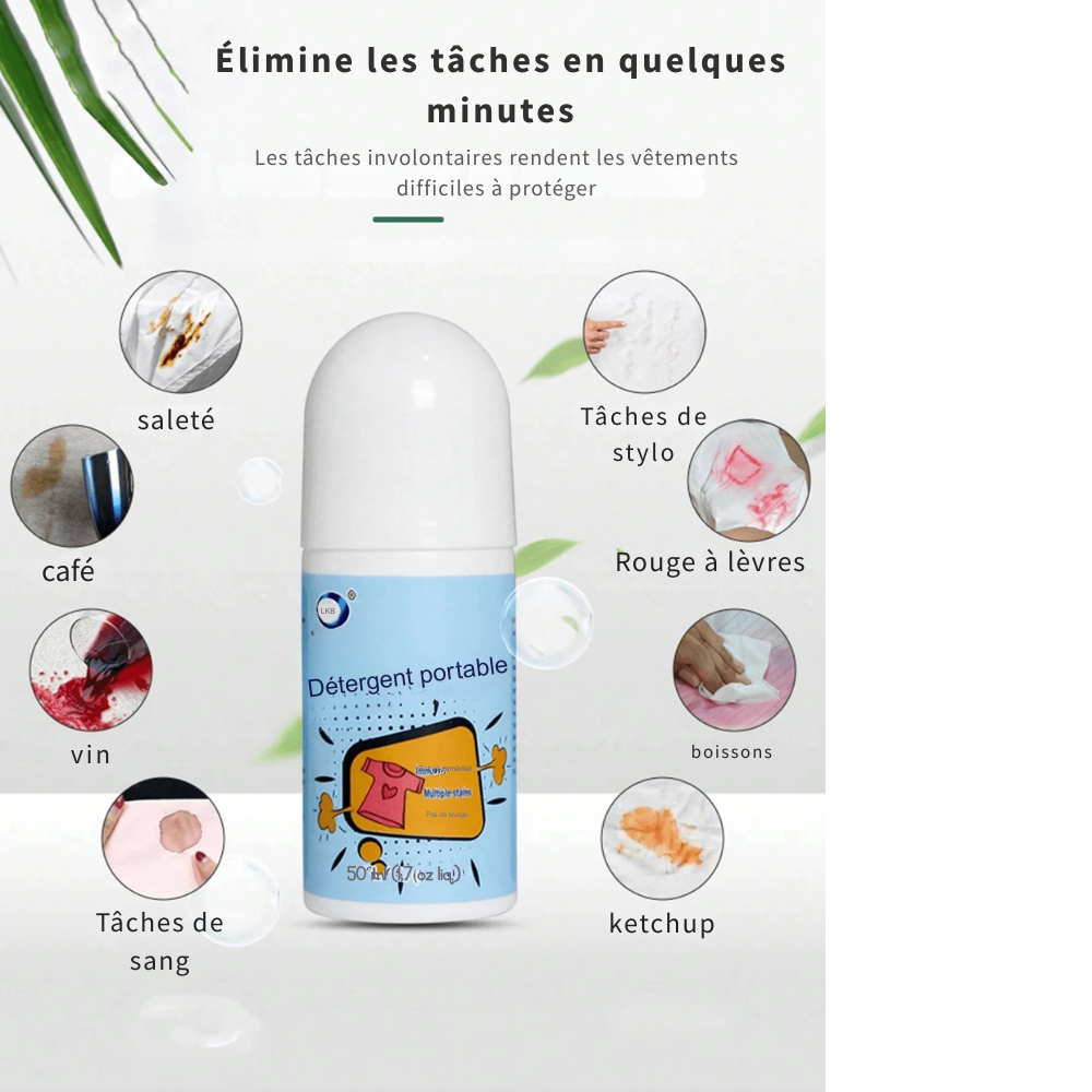 Nettoyant Anti-Tâches Portable 50 ml – Bille Roll-On Sans Rinçage pour Éliminer Rapidement les Taches sur les Vêtements
