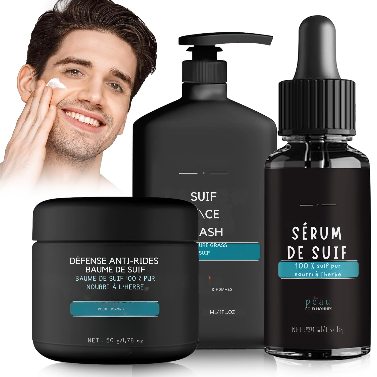 Baume au Suif Anti-Rides, Kit de Soin 3-en-1 pour Homme – Sérum au Suif & Nettoyant Visage, Coffret de Soin du Visage pour Homme, Hydratant au Suif pour le Visage, Baume 100 % Naturel au Suif de Bœuf, Réduit les Rides et Ridules.